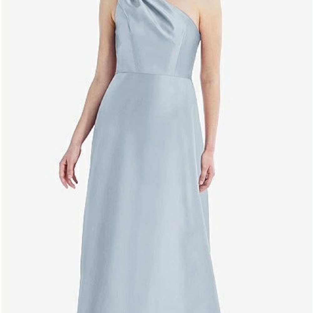 Dessy Pleated Draped One-Shoulder Satin Maxi Dress in Mist
